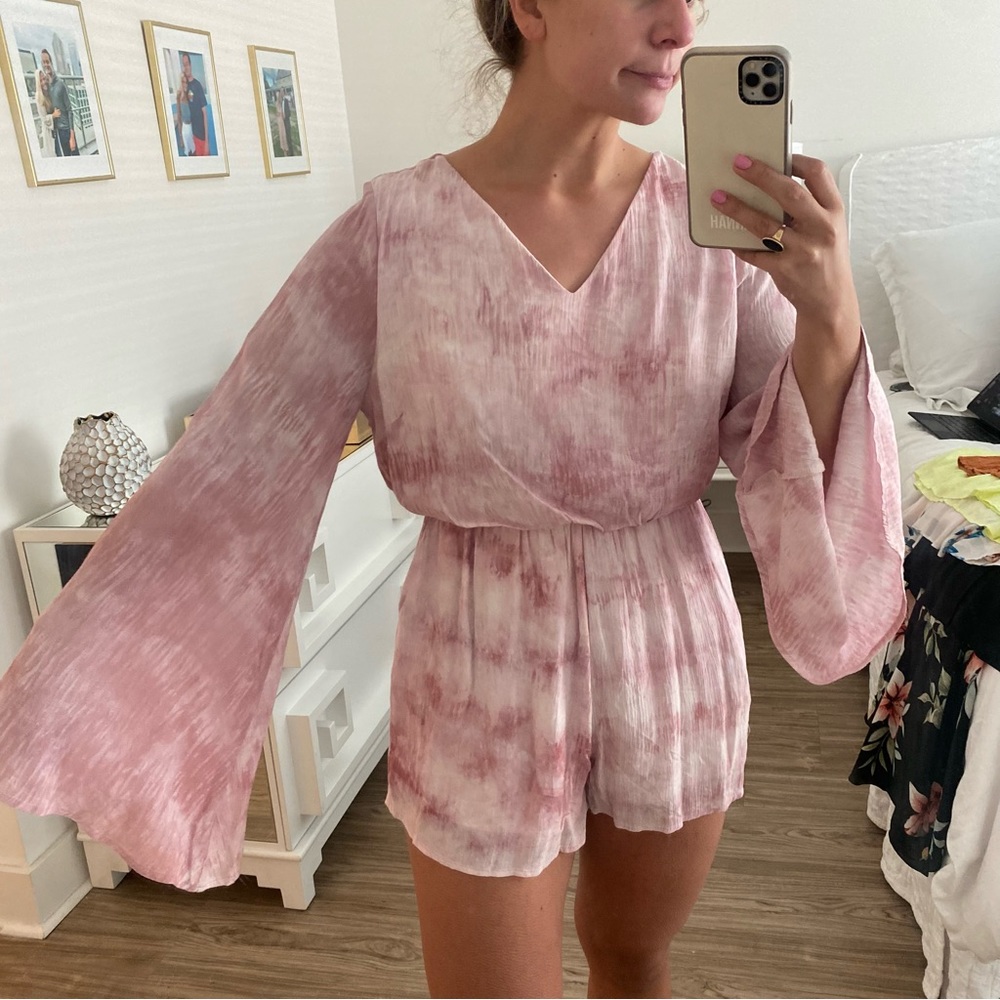 Blush tie dye romper with bell sleeves